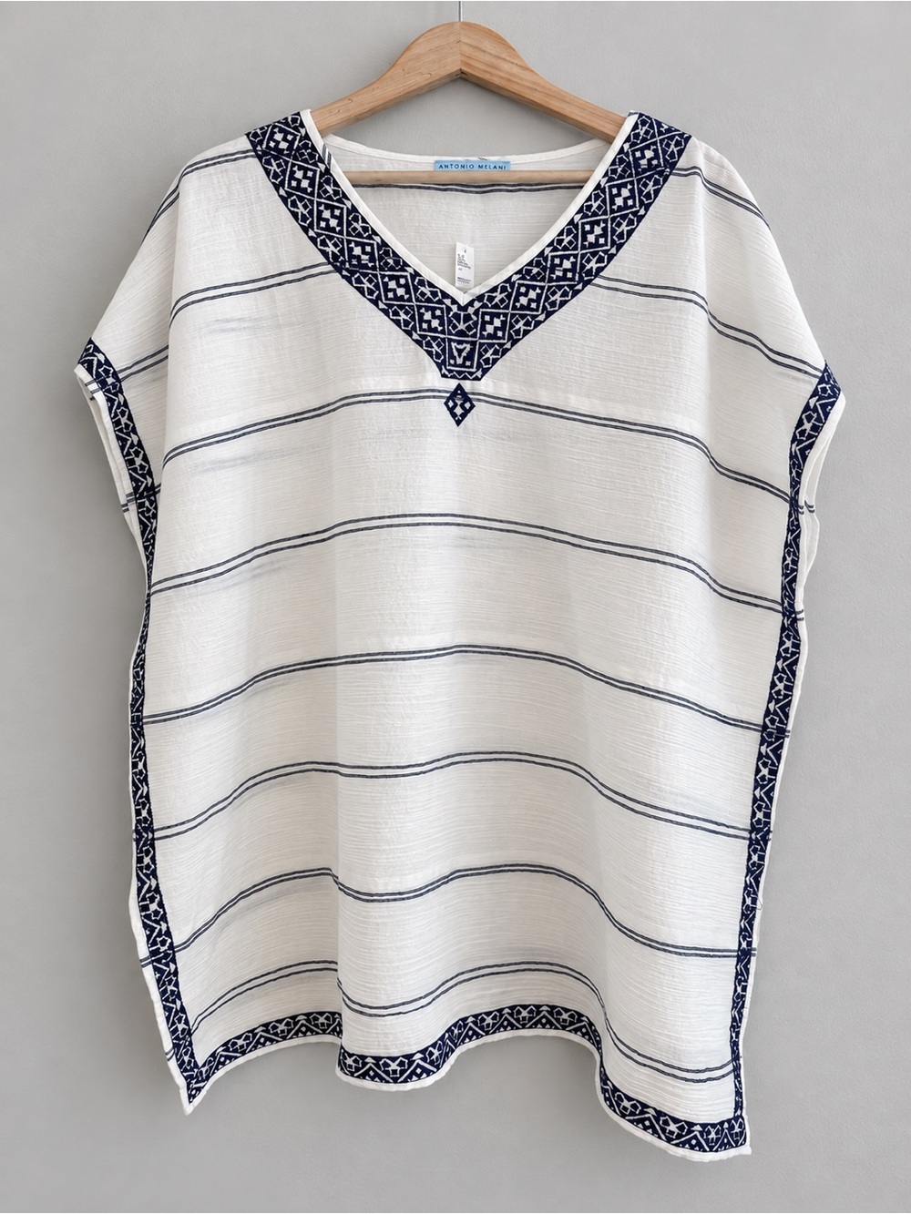 Antonio Melani NWT S Cotton Tunic Top White Navy Embroidered Boho Coastal